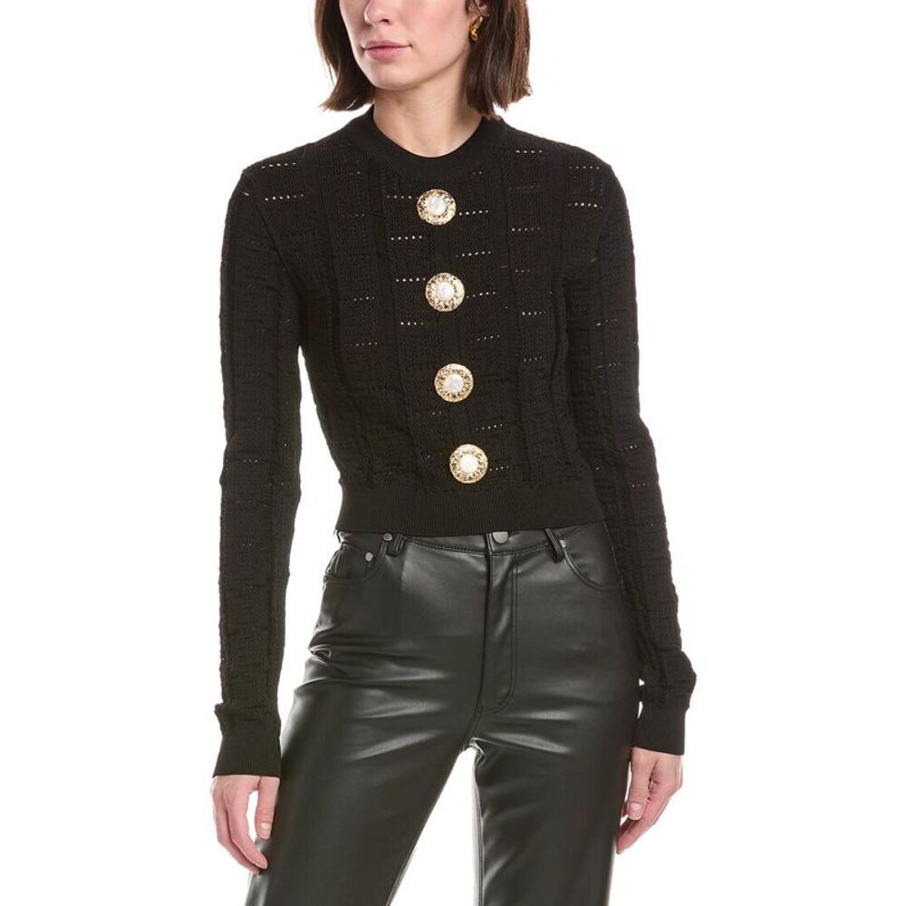 Balmain Womens  Monogram Mesh Knit Cropped Pullover, Black